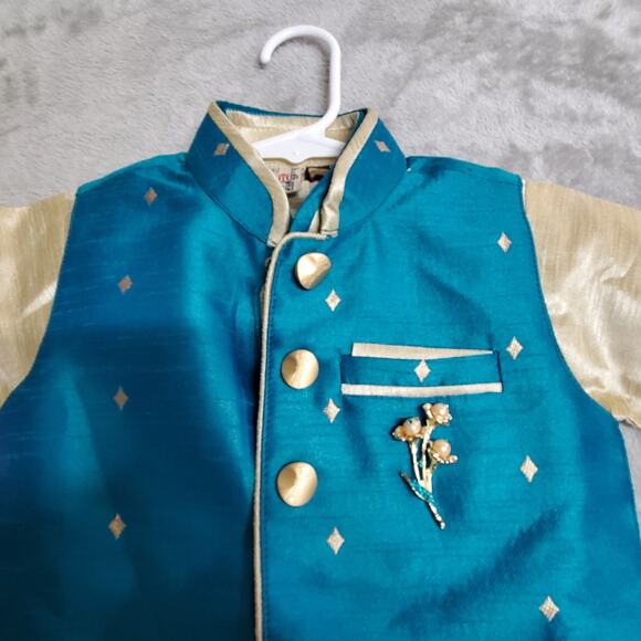 Kurta Suit Jacket & Vest Boys 2 Blue Turqoise Gold Button Front Wedding Indian - Picture 5 of 16